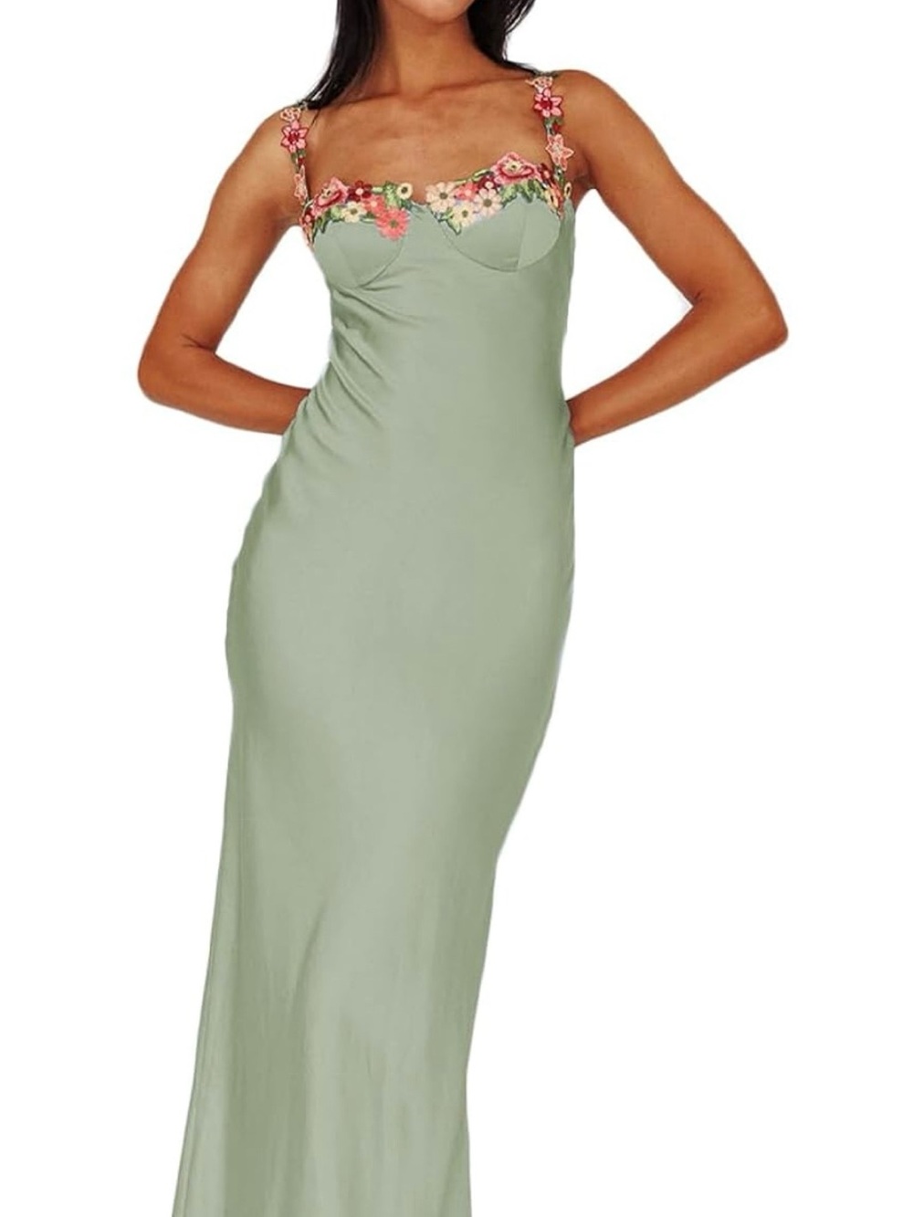 NWT Realtix Sage Green Floral-Accent Maxi Slip Dress Size M - Picture 1 of 8